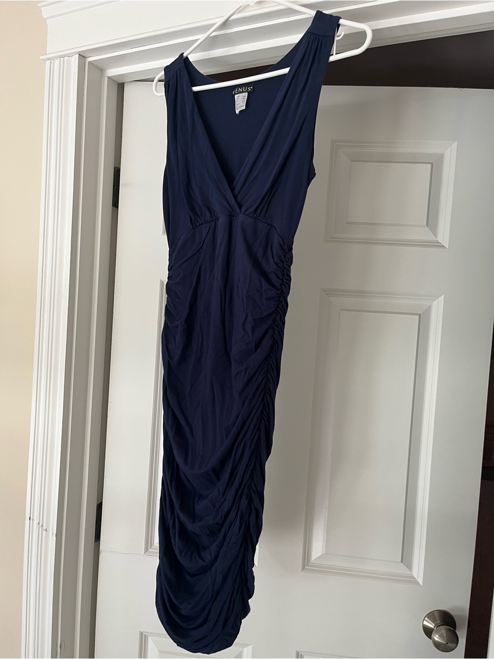 VENUS Navy Ruched V-Neck Midi Dress
